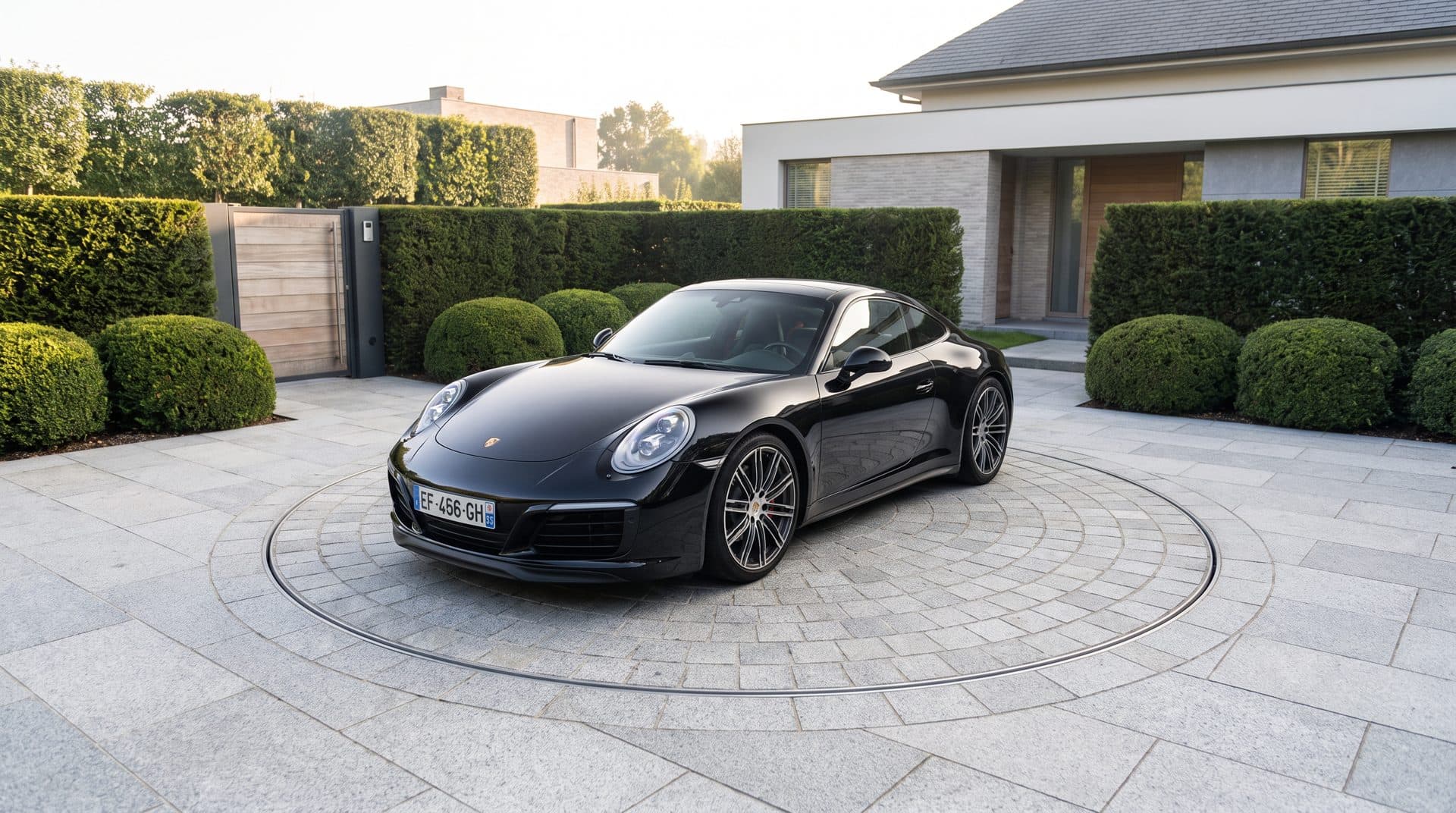 Entrée de villa : coupé noir sur un plateau tournant pavé comme la cour, au ras du sol