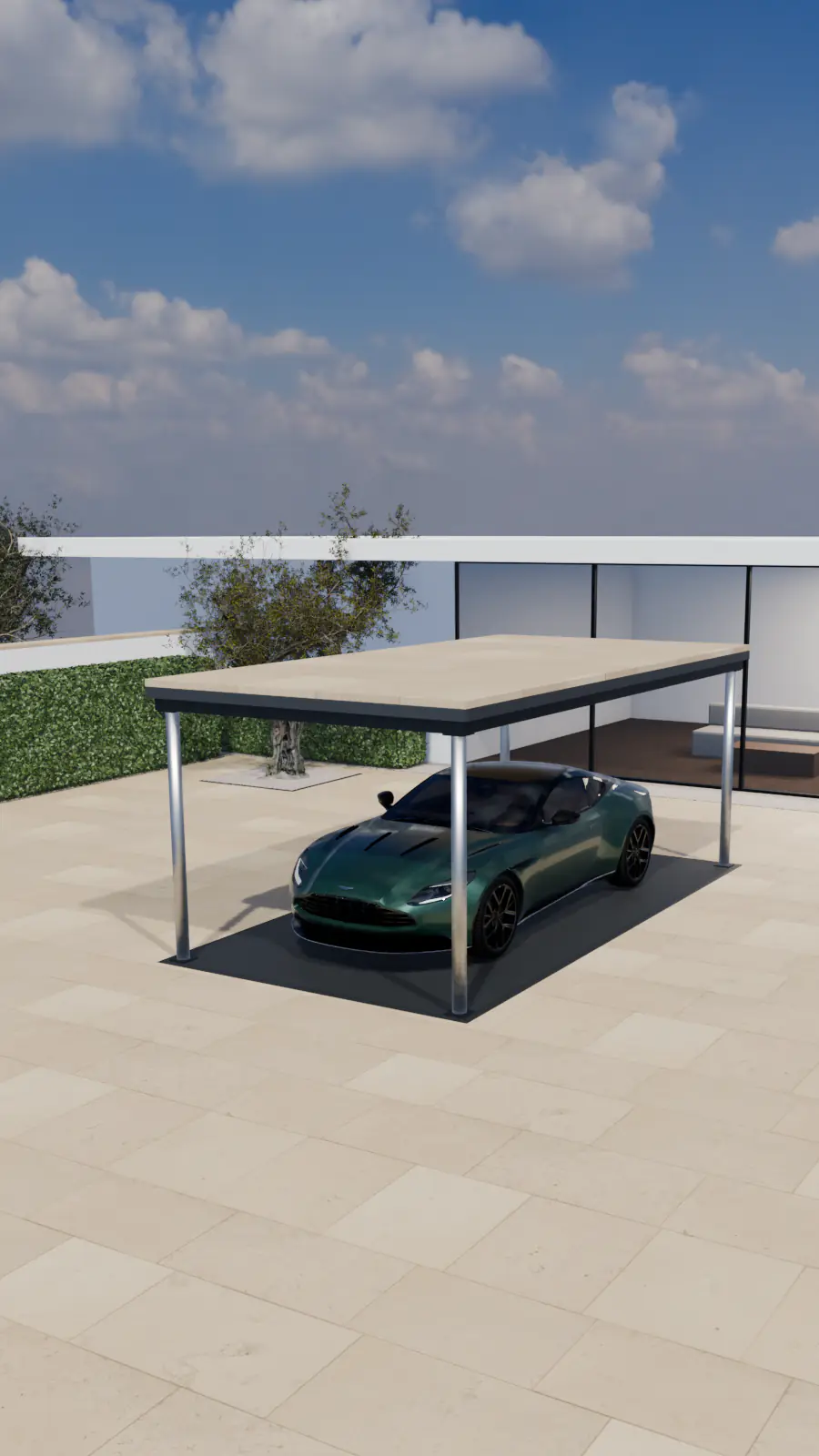 Cour de villa dallée de pierre claire : un monte-voiture à toit pavé, sa plateforme au ras de la cour, quatre colonnes d'acier et une voiture garée dessous